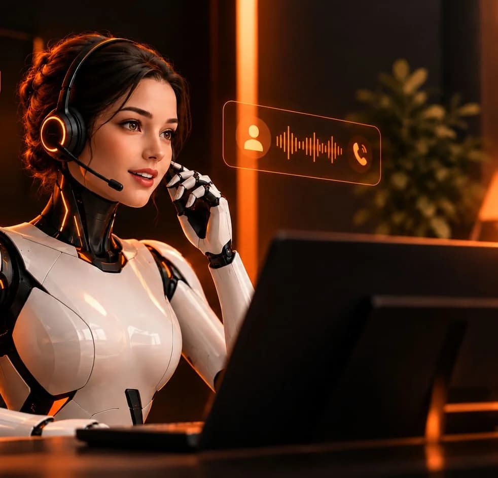 Fusion Calling AI receptionist — a humanoid agent on a headset taking a call