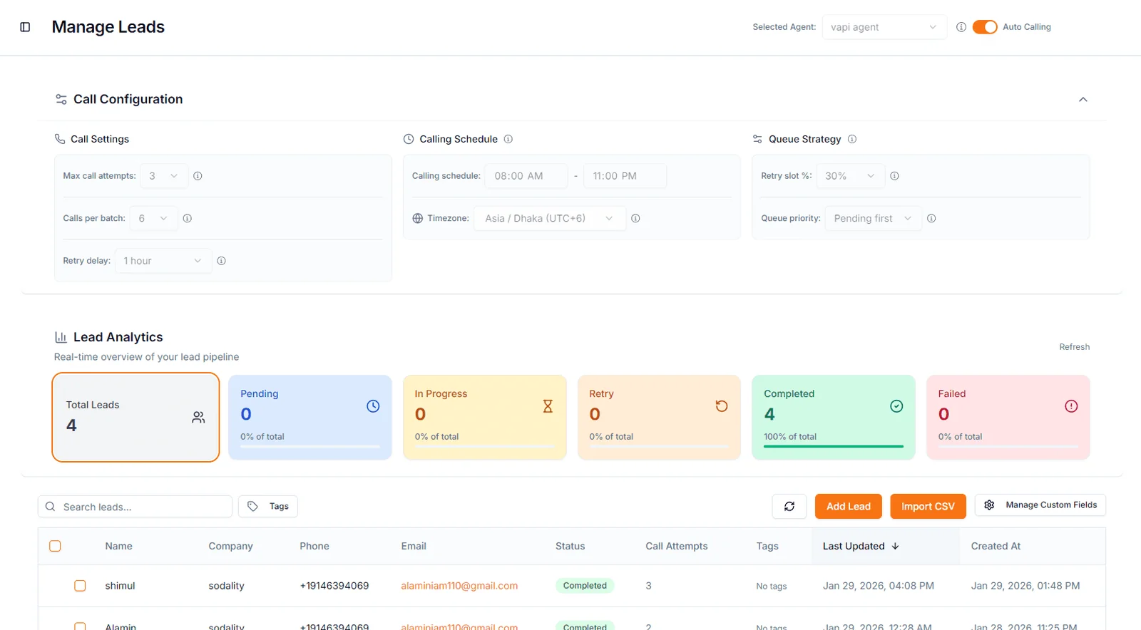 Screenshot of the Fusion Calling white-label client dashboard showing AI agent management, analytics, and call recordings